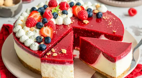 Eine köstliche torte ohne backen mit Beeren und Sahnetupfern. Ein Stück wurde bereits herausgeschnitten.