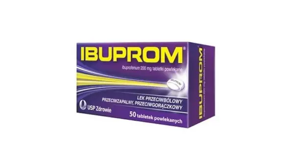 Opakowanie leku Ibufen, zawierające 50 tabletek powlekanych, z napisem "IBUPROM" i informacją o działaniu przeciwbólowym.