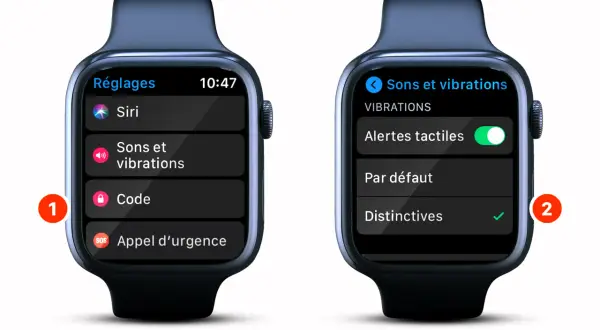 Montre connectée : comment allumer une montre connectée sans bouton ? Accédez aux réglages, puis "Sons et vibrations" pour activer les alertes tactiles.