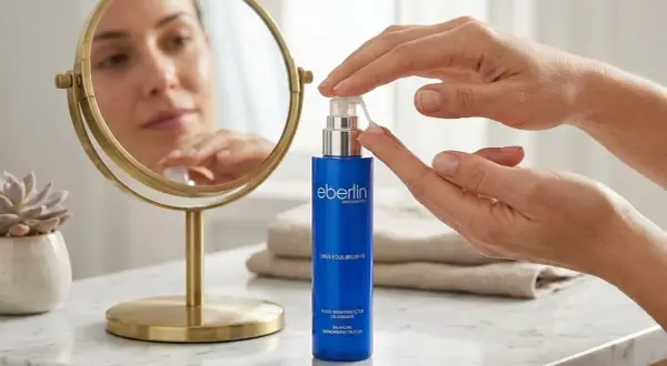 Manos aplicando sérum equilibrante, ideal para tu rutina de piel mixta. Reflejo de rostro en espejo.
