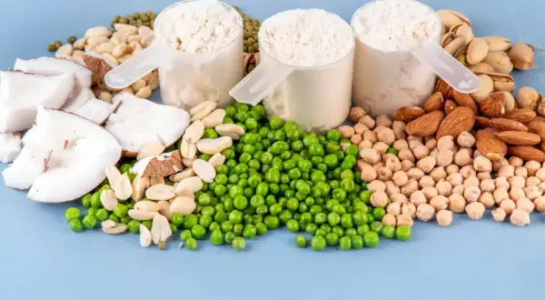 Białko z grochu, kokos, migdały, ciecierzyca i pistacje. Trzy miarki proszku proteinowego na niebieskim tle.