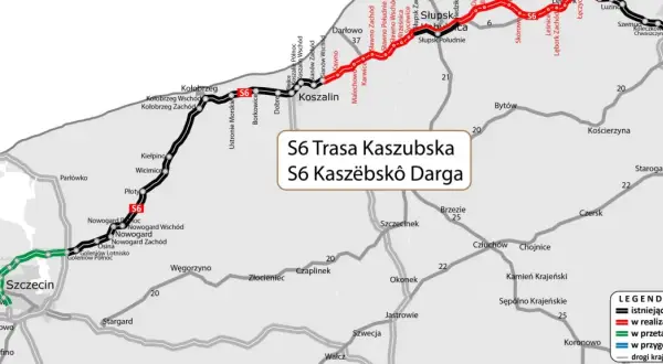 Mapa pokazuje przebieg S6 Trasa Kaszubska, łączącą Szczecin z Trójmiastem.