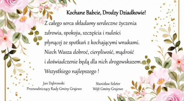 Piękne życzenia dla babci i dziadków, otoczone różowymi kwiatami. Niech dobroć i mądrość Wasza będzie drogowskazem dla wnuków.