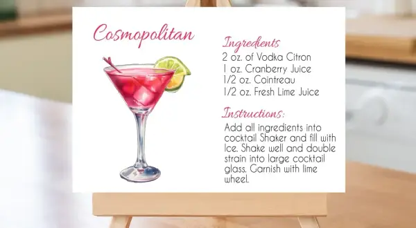 Karta z przepisem na drinka Cosmopolitan z ilustracją koktajlu i listą składników.
