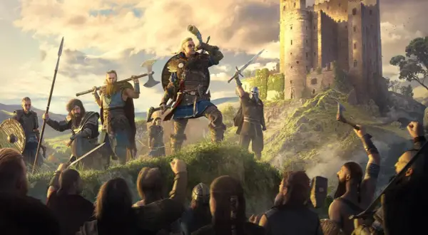 Wikingowie z Assassin's Creed Valhalla szturmują zamek. Lider z rogiem na ustach zagrzewa do walki.