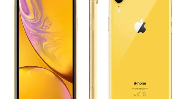 Żółty iPhone xr z przodu, z boku i z tyłu.
