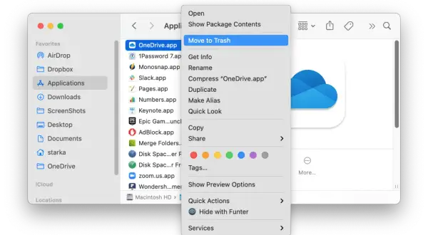 Jak usunąć aplikacje z MacBooka? Kliknij prawym przyciskiem myszy na OneDrive.app i wybierz "Przenieś do kosza".