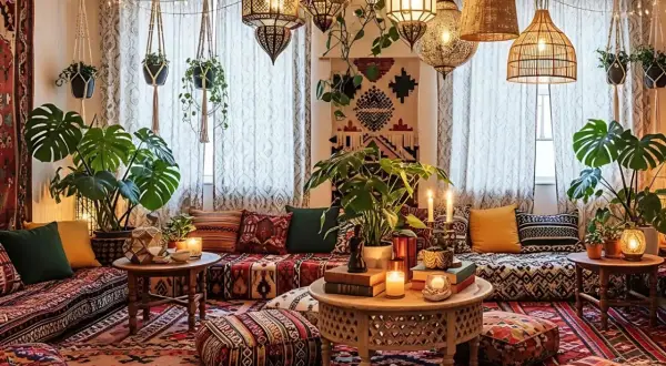 Przytulny salon w stylu etno, pełen roślin, dywanów i orientalnych lamp.