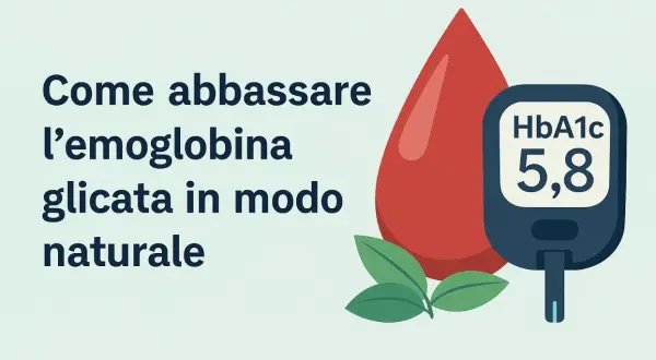 Come abbassare velocemente l'emoglobina glicata in modo naturale: un misuratore HbA1c, una goccia di sangue e foglie verdi.