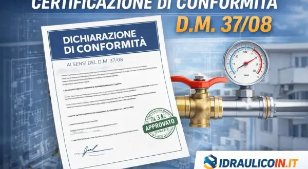 Certificazione di conformità impianto idraulico con manometro e valvola. Documento "Dichiarazione di Conformità" approvato.