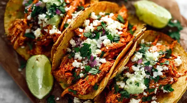 Tre saftiga kycklingtinga-tacos med ost, koriander och lime. En fest för ögat och magen!