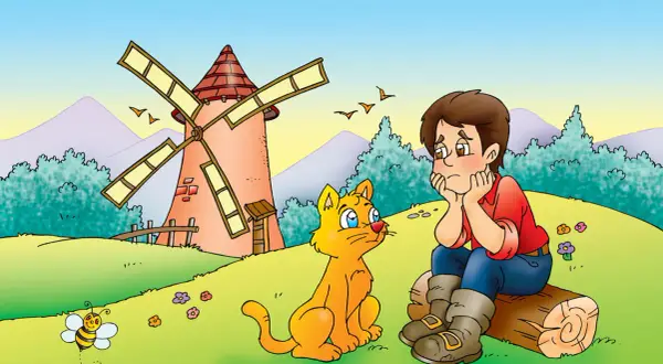 Un niño con botas y un gato naranja conversan cerca de un molino. Una abeja revolotea.