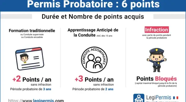 Permis probatoire : durée et points acquis. Un jeune conducteur peut obtenir 2 ou 3 points par an, la période probatoire varie selon la formation.