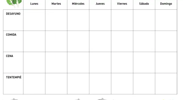Planificador semanal para tu dieta ideal. Organiza desayunos, comidas, cenas y tentempiés de lunes a domingo.