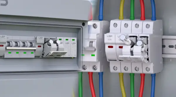 Boîtier électrique avec disjoncteurs et un fusible pour prise de courant, câbles colorés connectés.