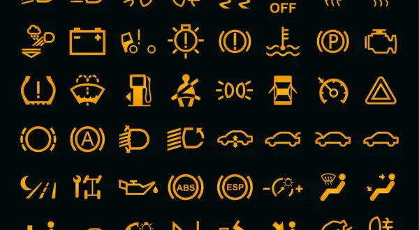 Żółta opis kontrolek na desce rozdzielczej: światła, akumulator, hamulec, silnik, ABS, ESP, ciśnienie w oponach, pasy bezpieczeństwa, temperatura, paliwo, wycieraczki, poduszki powietrzne, kierunkowskazy, światła drogowe, światła przeciwmgielne, tempom...