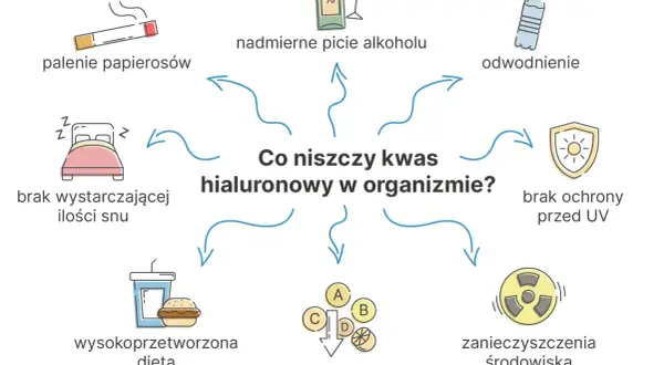 Wykres przedstawia czynniki niszczące kwas hialuronowy: palenie, alkohol, odwodnienie, brak UV, złą dietę, niedobory witamin i snu. Salwinoryna A nie jest wymieniona.
