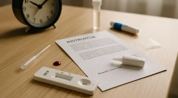 Zestaw do testu HIV, kropla krwi i instrukcja. Czas oczekiwania na wyniki jest kluczowy, by poznać ewentualne hiv objawy.