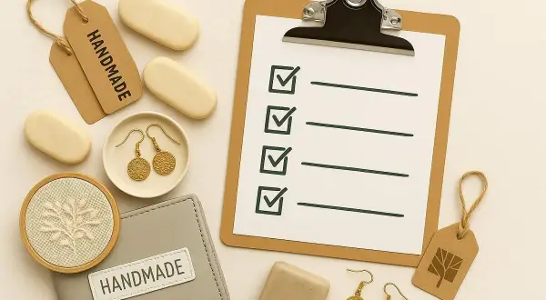 Checkliste für selbstgemachtes verkaufen ohne gewerbe: Seife, Ohrringe, Stickerei und "Handmade"-Etiketten.