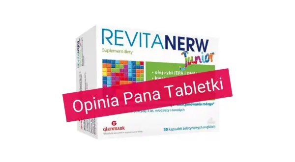 Opakowanie suplementu diety Revitanerw Junior z napisem "Opinia Pana Tabletki". Zawiera olej rybi i witaminy.