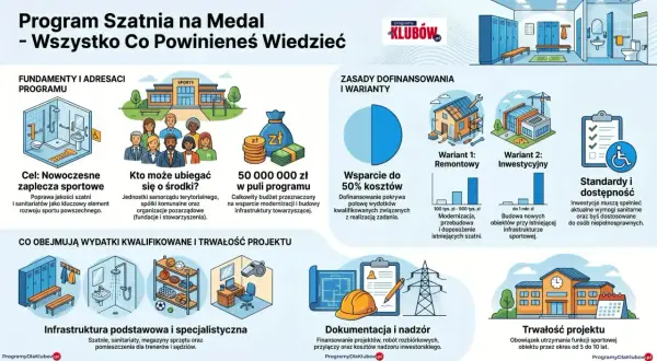 Ilustracja przedstawia nowoczesną szatnię sportową, grupę ludzi, worek z pieniędzmi i budynek.