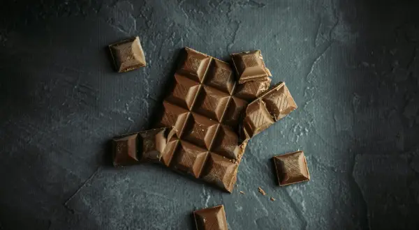 Tableta de chocolate rota y trozos sueltos sobre fondo oscuro. ¡Sí, puedo llevar chocolates en la maleta de mano!