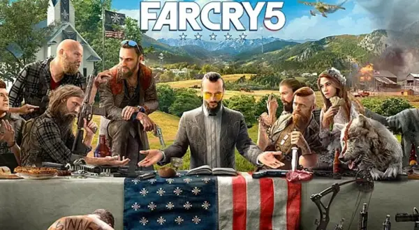 Rodzina Seedów przy stole, z bronią i wilkiem. Sprawdź far cry 5 wymagania, by zagrać w tę grę.