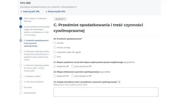Formularz PCC-3(6) - C. Przedmiot opodatkowania i treść czynności cywilnoprawnej. Wybór typu czynności: umowa, zmiana umowy, orzeczenie sądu lub ugoda, inne.