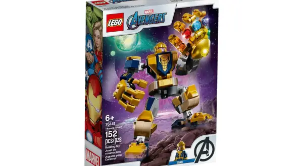 Zestaw LEGO 76141: Thanos Mech z Rękawicą Nieskończoności, gotowy do walki z Avengersami.