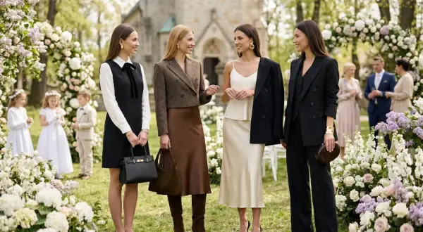 Eleganckie stylizacje na komunię: czarne sukienki, brązowe spódnice i garnitury. W tle dzieci w strojach komunijnych.