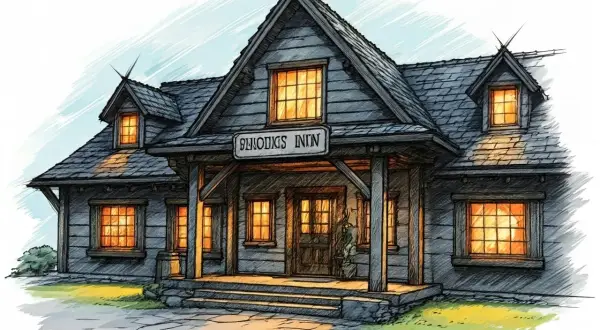 Ilustracja karczmy "SHOOOKS INN" z zapalonymi oknami.