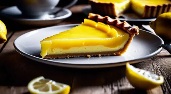 Une part de tarte au citron onctueuse, avec une garniture brillante et une croûte dorée, accompagnée de citrons frais et d'une tasse de café.