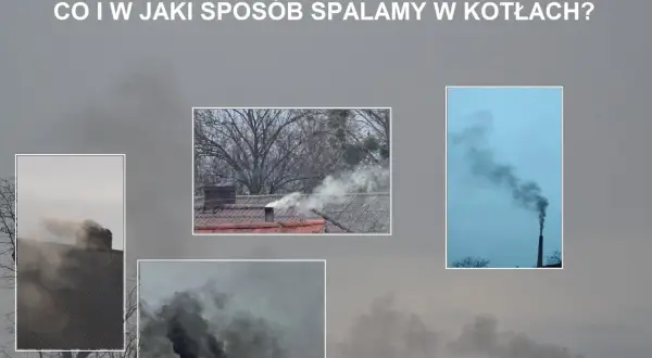 Dym z komina, biały i czarny, unosi się na tle pochmurnego nieba. Różne rodzaje dymu z komina pokazują różne sposoby spalania.