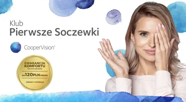 Kobieta zakrywająca jedno oko dłonią, logo CooperVision i oferta "Gwarancja komfortu do 120 PLN".