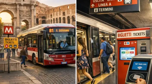 Rzymskie atrakcje i transport: autobus obok Koloseum i wejście do metra.