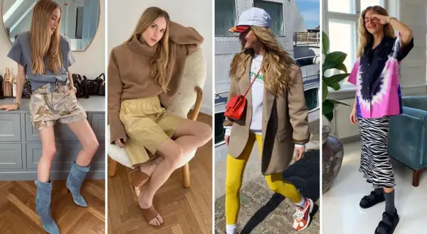 Kobiety prezentują skandynawski styl ubioru: od luźnych szortów i botków, przez beżowy golf i skórzane szorty, po sportowy zestaw z marynarką i kolorową koszulę w panterkę.
