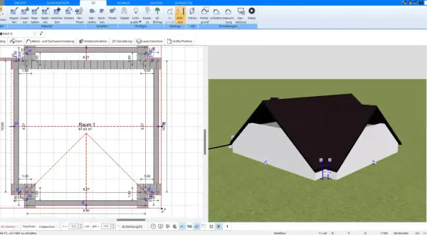 Grundriss und 3D-Ansicht eines Hauses mit Satteldach. Die Traufseite des Hauses ist im 3D-Modell sichtbar.