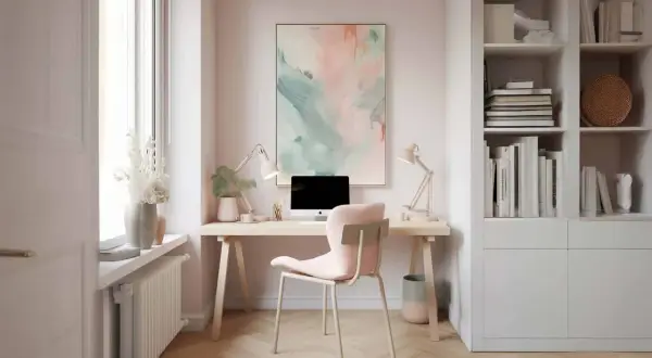 Schreibtisch mit Computer, Lampe und Stühlen. Ein Bücherregal und ein Bild an der Wand. Tolle home office ideen wenig platz.