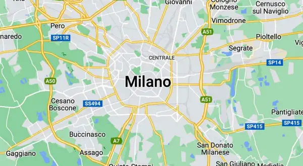 Mapa pokazuje, gdzie jest Mediolan, otoczony przez Rho, Pero, Cesano Boscone, Buccinasco, Assago, San Donato Milanese i inne miejscowości.