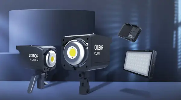 COLBOR CL100 and CL100-M continuous light units, plus a smaller panel light and a battery. A visual comparison of continuous light vs flash.