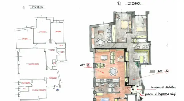 Pianta "prima" e "dopo" di frazionamento appartamento in condominio. La prima mostra un'unica unità, la seconda due appartamenti distinti.
