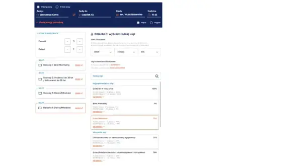 Jak kupić bilet na PKP? Wybierz trasę Warszawa-Gdańsk, datę i godzinę. Następnie dodaj pasażerów i wybierz rodzaj ulgi dla dziecka.