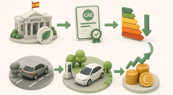 Proceso para que alguien ha cobrado el Plan MOVES 3: Edificio MITECO, certificado CAE, coche viejo contaminando, coche eléctrico cargando y monedas de euro.