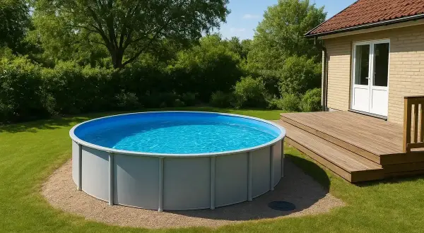 En härlig sommardag med en ovan markpool som inbjuder till bad. En altan leder smidigt upp till huset. Perfekt för att bygga in pool ovan mark.