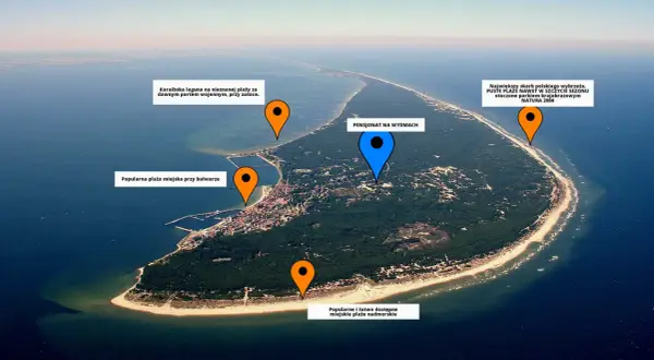 Widok lotniczy Półwyspu Helskiego z zaznaczonymi plażami i pensjonatem.