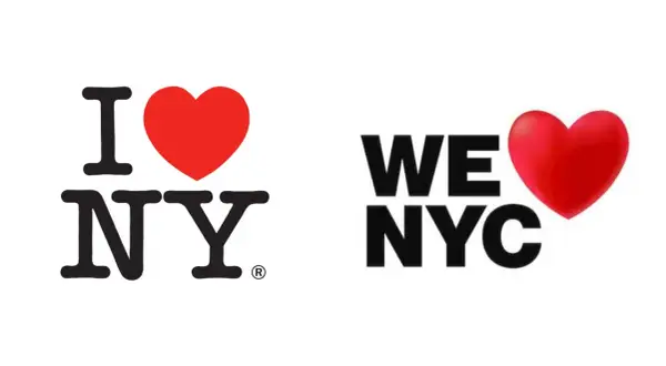 The iconic "I love NY logo" is shown next to a "We NYC" logo, both featuring a red heart and bold lettering.