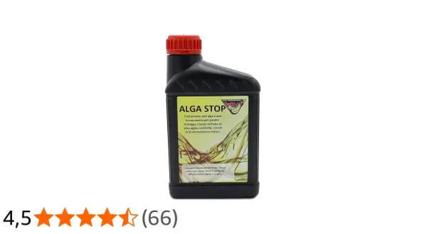 Svart flaska med röd kork, märkt "ALGA STOP". Behandlar diesel mot alger och jäsning, skyddar tankar och motorer.