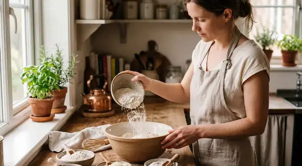 Kobieta w fartuchu wsypuje mąkę do miski, szukając alternatywy co zamiast mąki kokosowej. Na blacie stoją miseczki z różnymi rodzajami mąki.