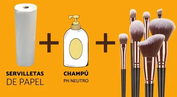 Rutina para limpiar brochas de maquillaje: servilletas de papel + champú pH neutro + brochas.