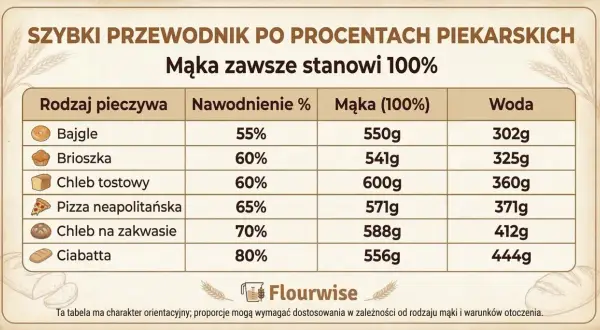 Tabela pokazuje, ile zakwasu do chleba i wody potrzebujesz do różnych wypieków, np. chleba na zakwasie (70% nawodnienia).
